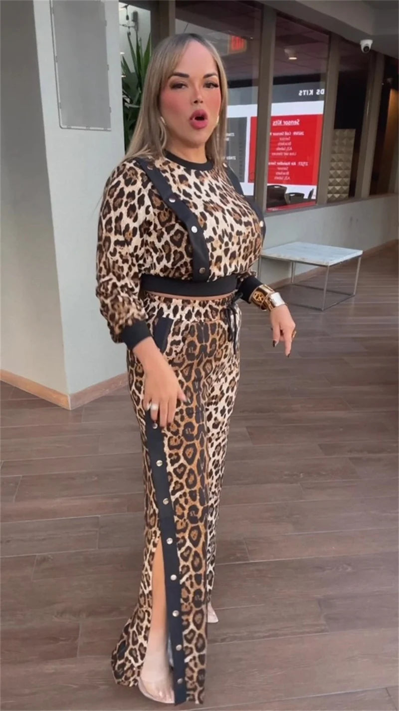 Leopard Print O-neck Top + Split Pants Matching Sets
