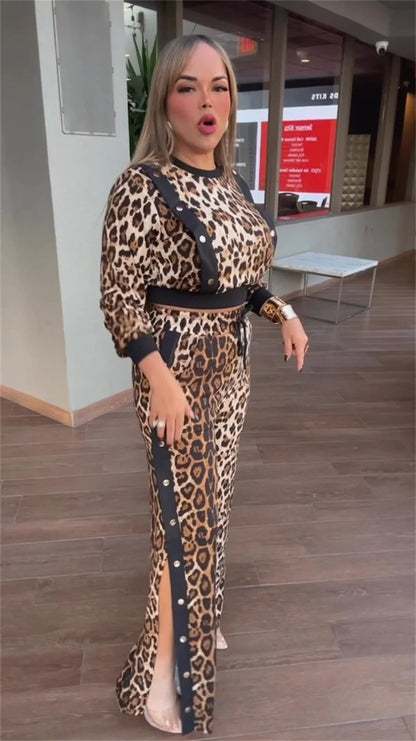 Leopard Print O-neck Top + Split Pants Matching Sets