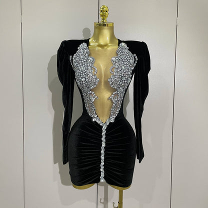 Luxury Sparkly Crystal White Velvet Mini Dresses