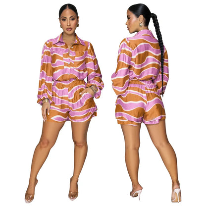 Collar Button Long Sleeve Shirt Top + Short Sets