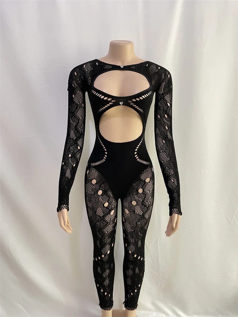 Skylar Rhinestone Lace See Through Cutout Long Sleeve Skinny One Piece Overalls Set