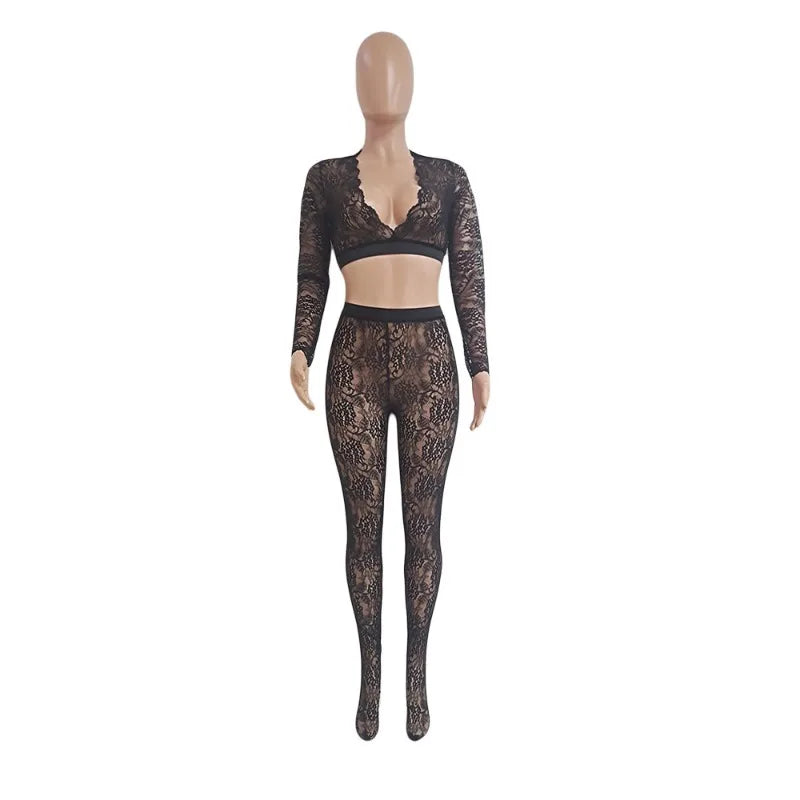 Sherry Sheer Lace 2 Piece Set V-neck Long Sleeve Crop Tops + Footed Leggings