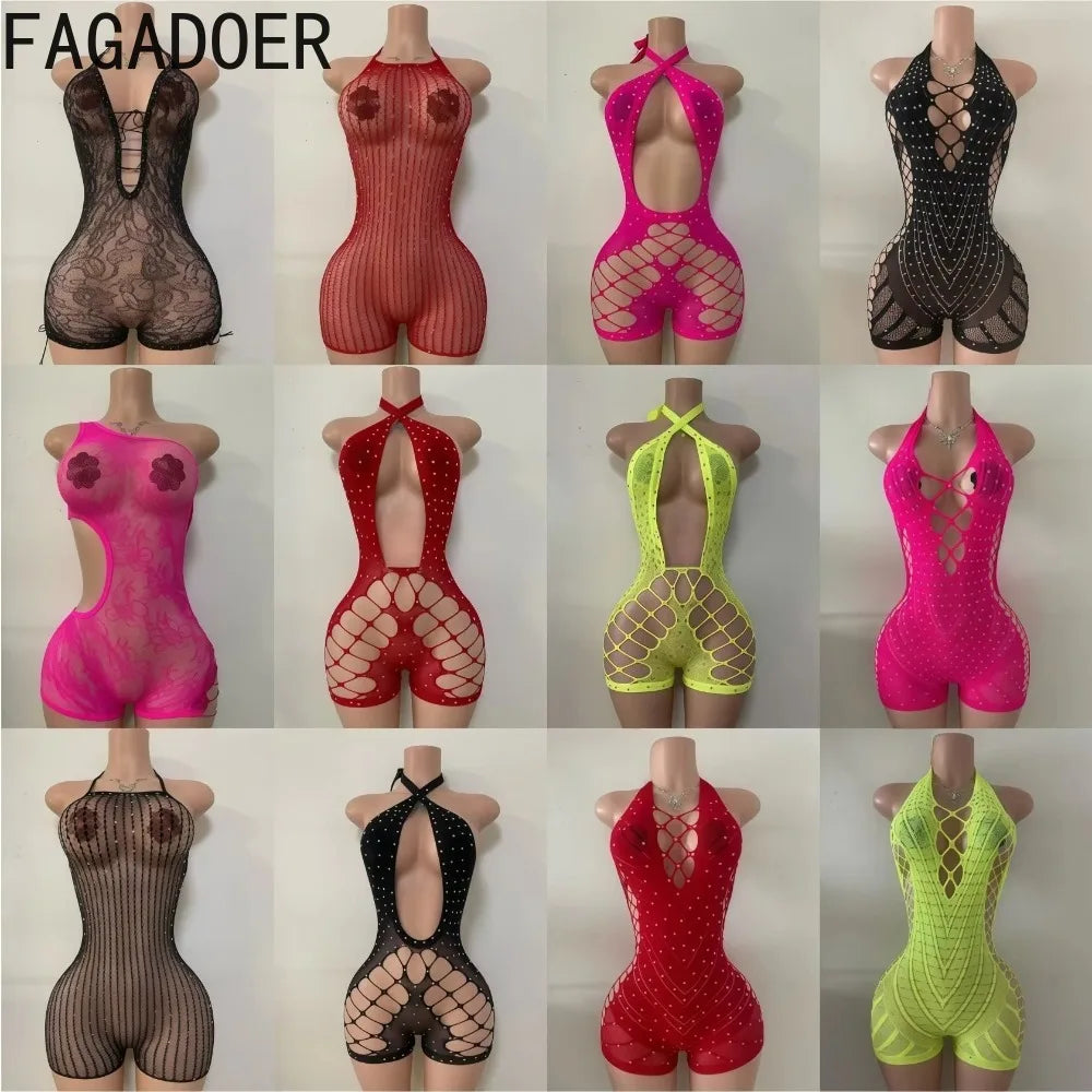 Hollow-out Rhinestone Patchwork Bodycon Halter Sleeveless Backless Lingerie