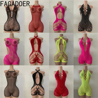Hollow-out Rhinestone Patchwork Bodycon Halter Sleeveless Backless Lingerie