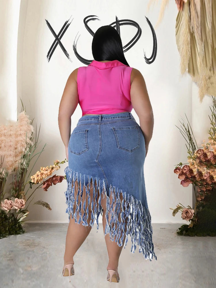 Shanice Long Denim Elegant Chic Skirt (Tassel)