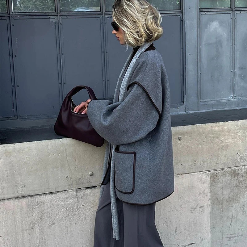 Vintage Grey Women's Coat with Belt