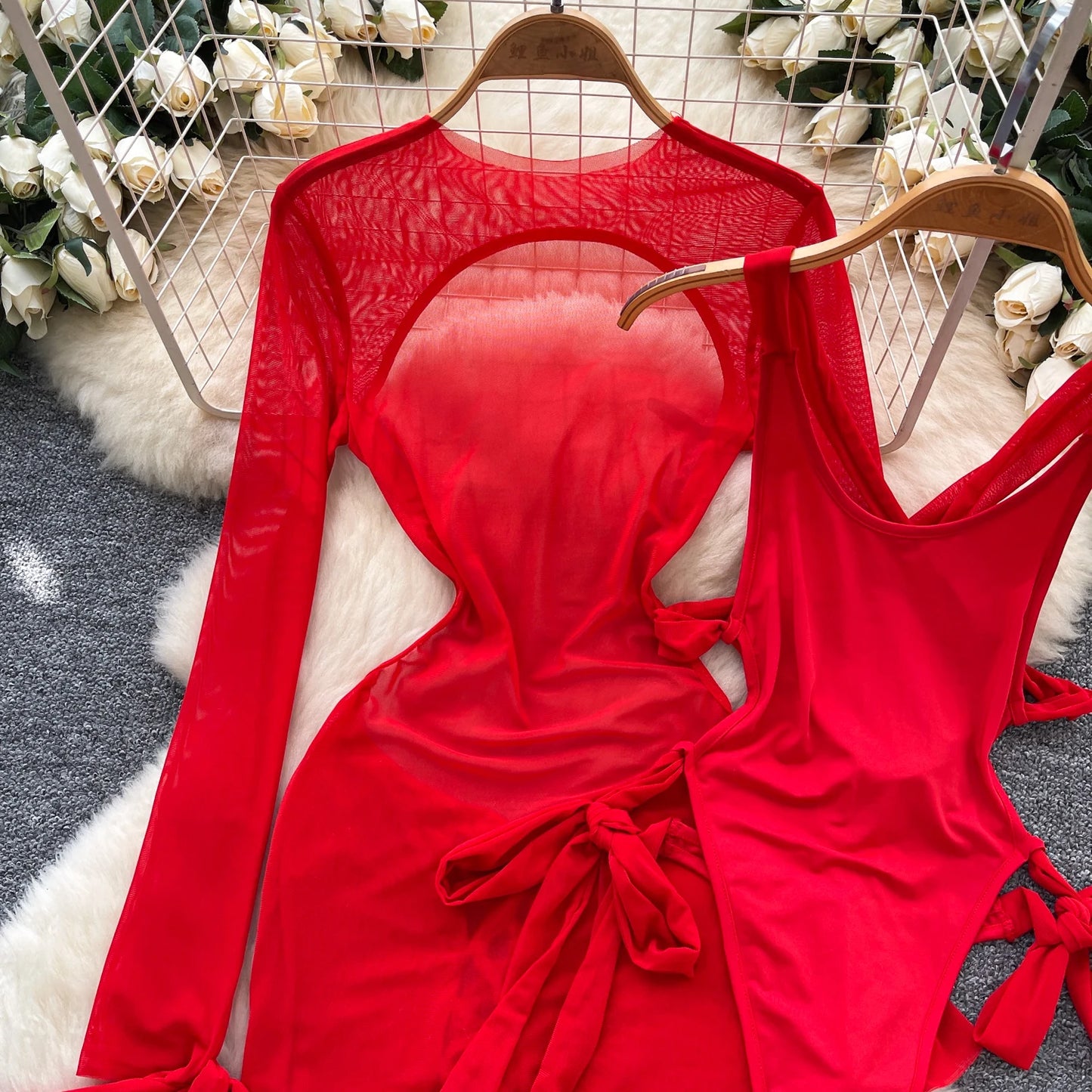 Split Swimwear Long Sleeves Hollow Out Mini Dress + Lace Up Bodysuits Sheer Vacation Bikini Sets