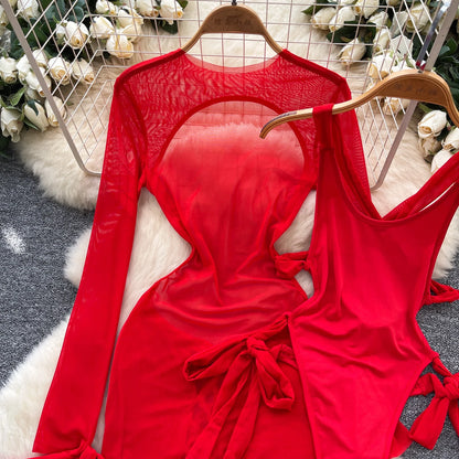 Split Swimwear Long Sleeves Hollow Out Mini Dress + Lace Up Bodysuits Sheer Vacation Bikini Sets