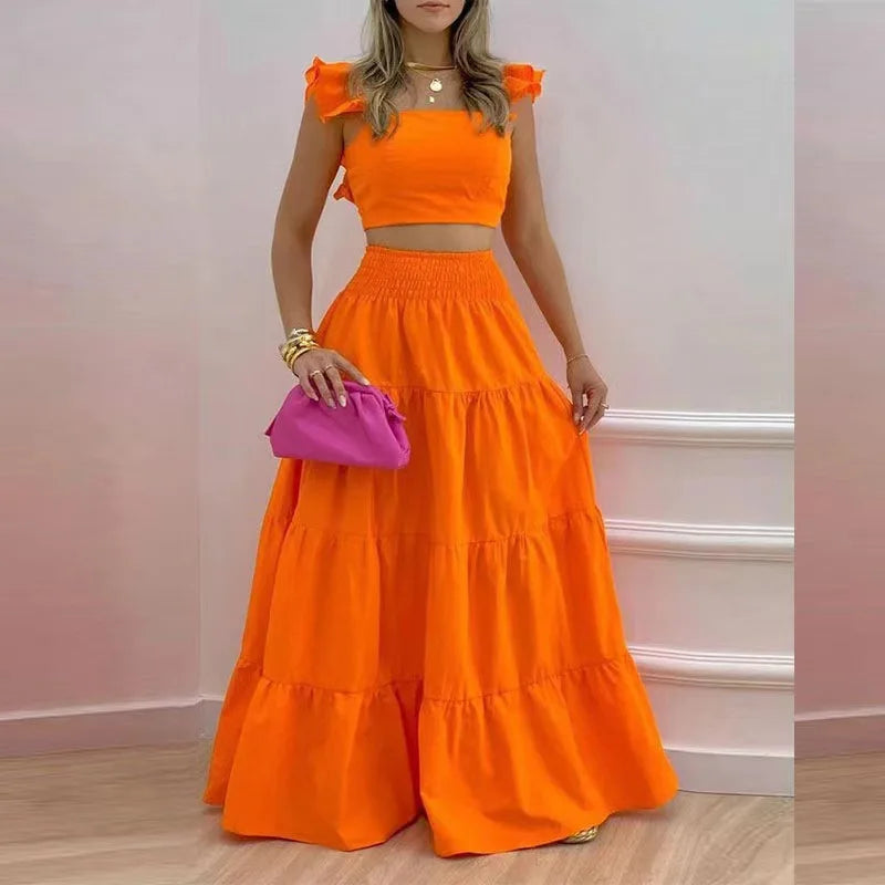 Solid Color Large Swing Skirt + Short Sleeved Square Neck Top (2pcs)