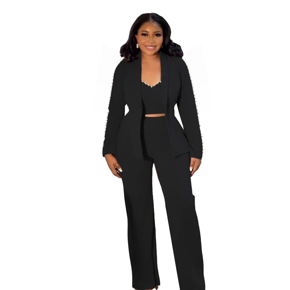 Elegant Long Sleeve Blazer Office Wear Ladies 3 Piece Pant Suit