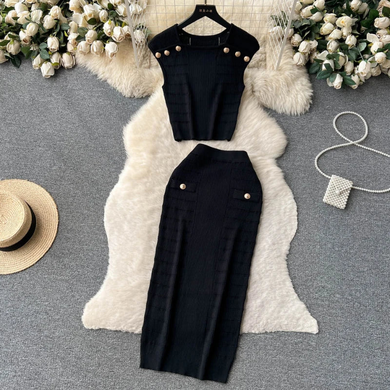 Knitted 2 Pcs. Buttons Crop Top Tanks + Slit Midi Skirt Set