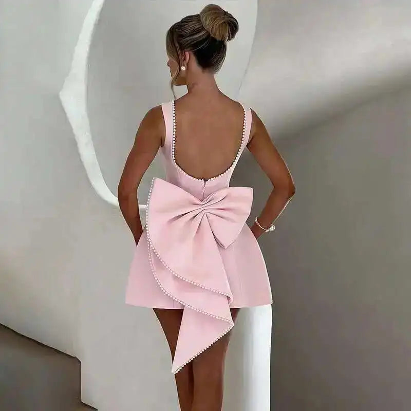 Bow Pearl Backless Elegant Waist Wrap A-line Dresses