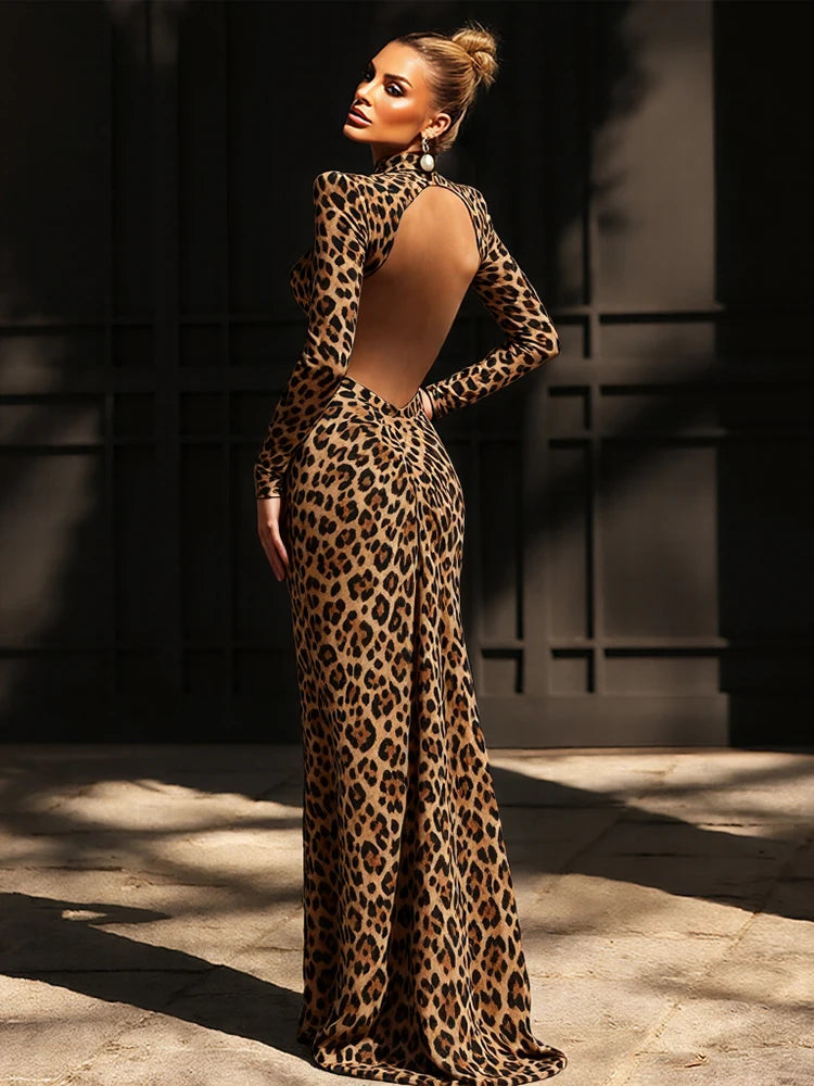 Leopard Print Ruched Patchwork Full Sleeve Midnight Stretch Dresses