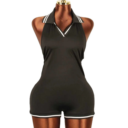 Stripe Halter Lapel Sleeveless Backless Bodycon Jumpsuits