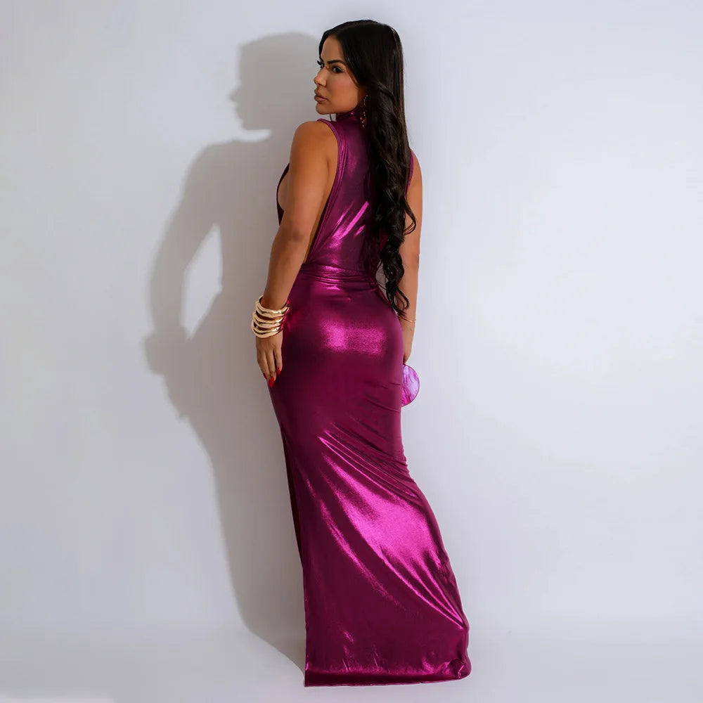 Sania Shiny Metallic Women's Ruched Cocktail Evening Maxi Long Dresses