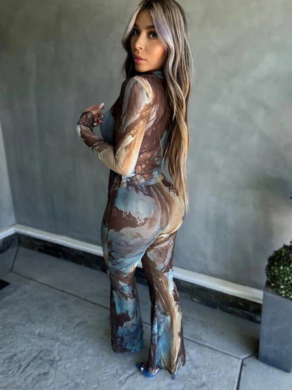 Tie Dye Long Sleeve Lace-up Shirts + Flared Pants Sets