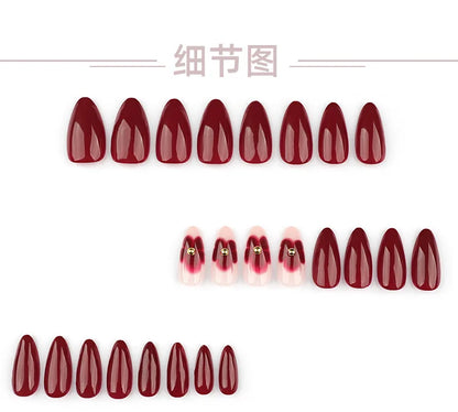 24pcs Women'S Nail Set Burgundy Almond Shape Medium Length Solid Color with Floral Golden Dust Design Fake Nails for Women/Girls