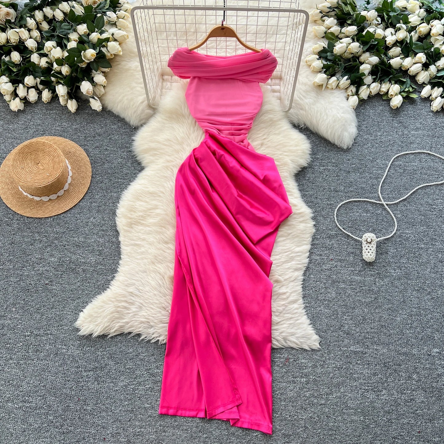 Chic Satin Slash Neck Mesh Splice Pleated Slim Dresses