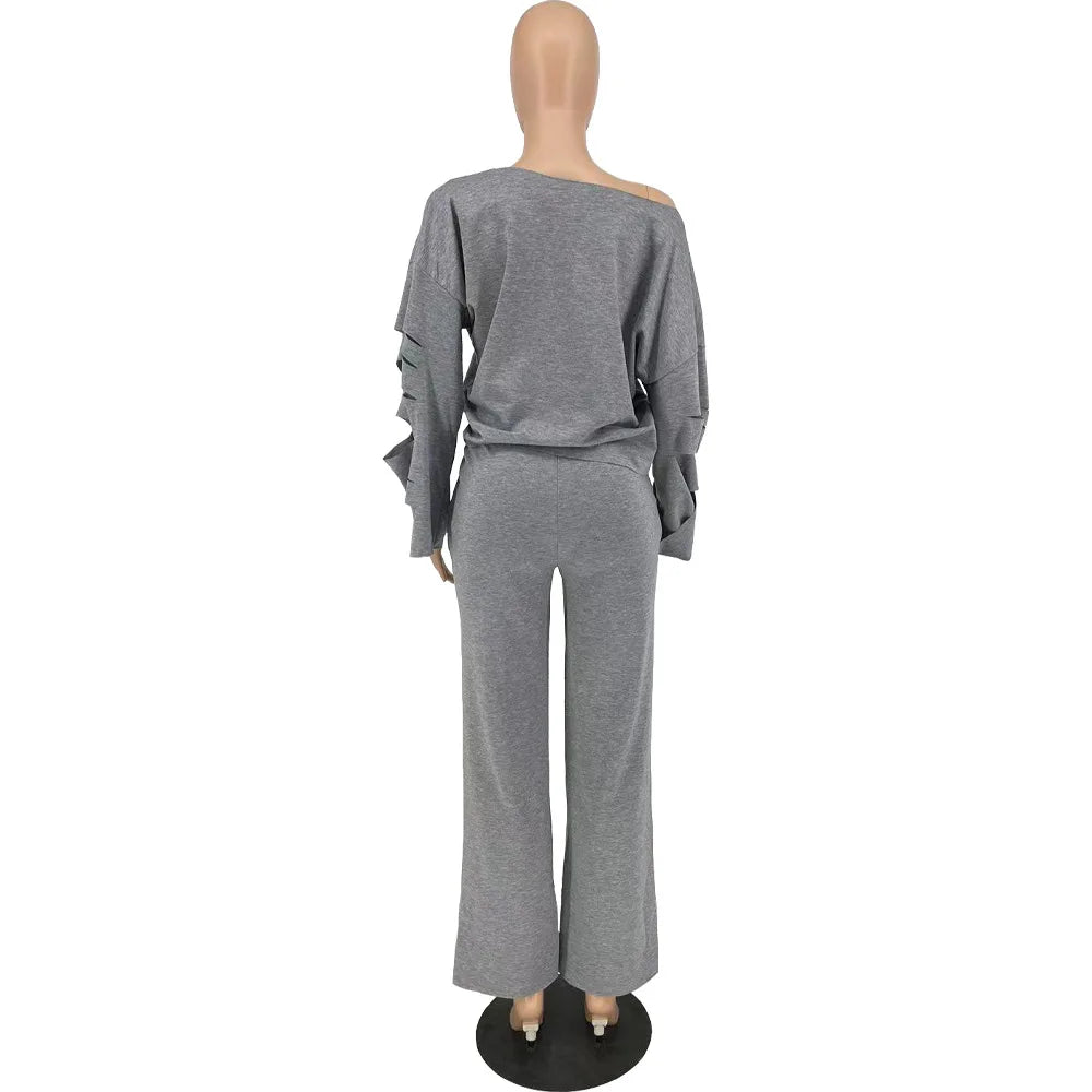 Oliva's Round Neck Pullover Hole Solid Pant Sets