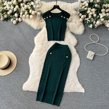 Knitted 2 Pcs. Buttons Crop Top Tanks + Slit Midi Skirt Set