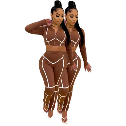 Striped Bandage Full Sleeve O-neck + Pant Sport Sets