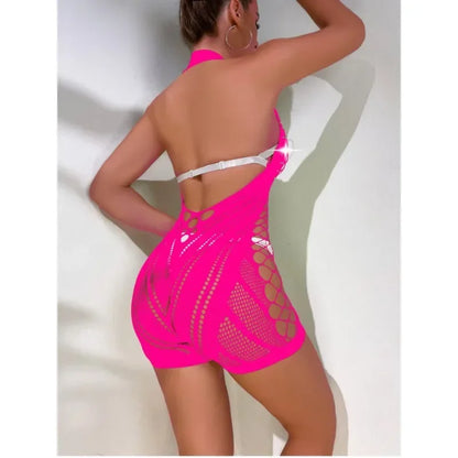 New Rhinestone Halter Neck Mesh Bodysuit with Bodycon Adjustable Lingerie for Women