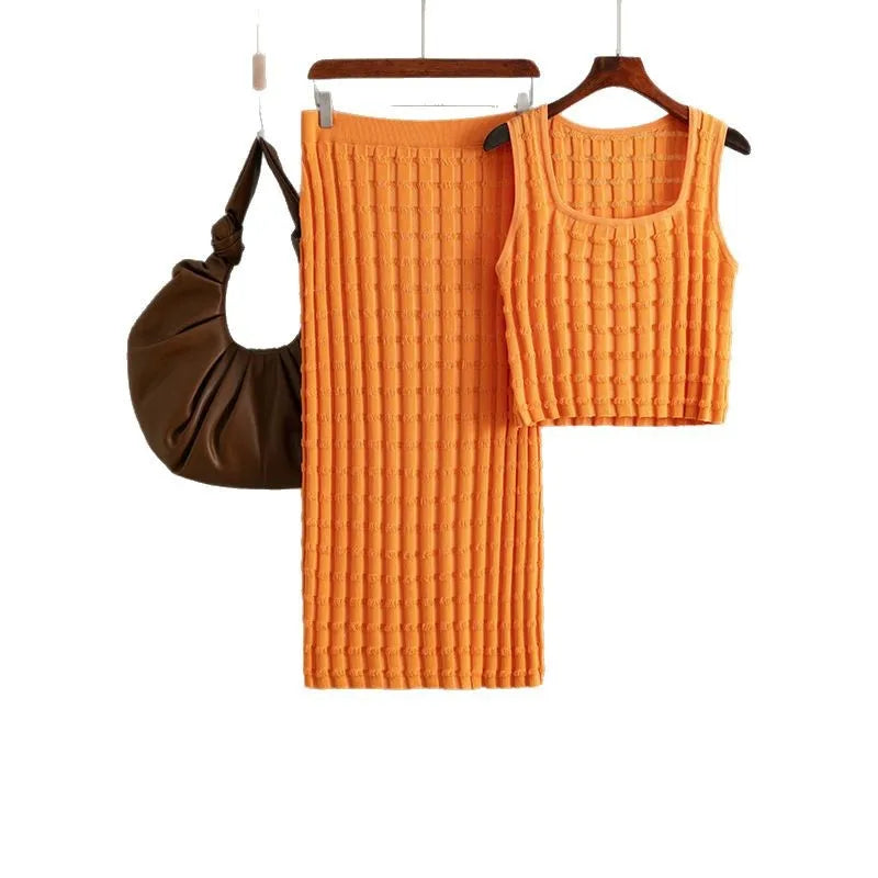 Knit Long Skirts + Straight Casual Spliced Round Neck Vest Sleeveless Tanks Sets