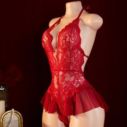 Lace Transparent Erotic One-Piece Deep V Hot Lingerie