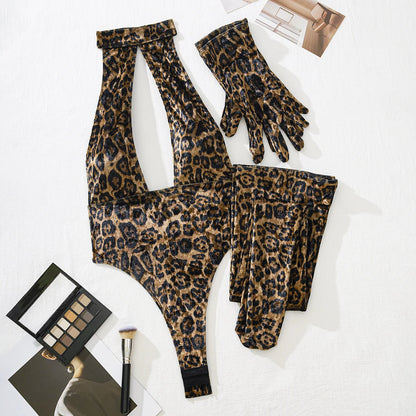 Leopard Print Bodysuit + Gloves + Leggings Backless Deep V Suspenders Sleeveless Bodysuits Thin 3X4C
