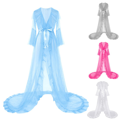 Ruffled Trim Long Tulle Robe Femme Nightwear Nightdress