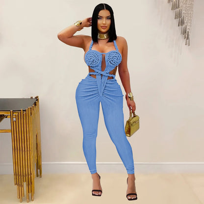 Halter Neck Ribbed Ruched Backless Leggings Jumpsuits (One Piece)