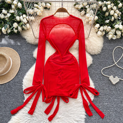 Split Swimwear Long Sleeves Hollow Out Mini Dress + Lace Up Bodysuits Sheer Vacation Bikini Sets