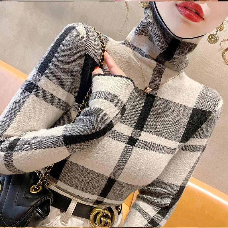 Kyli's Basic Soft Elastic Slim Turtleneck Wool Knitted Sweaters (Vintage Plaid)