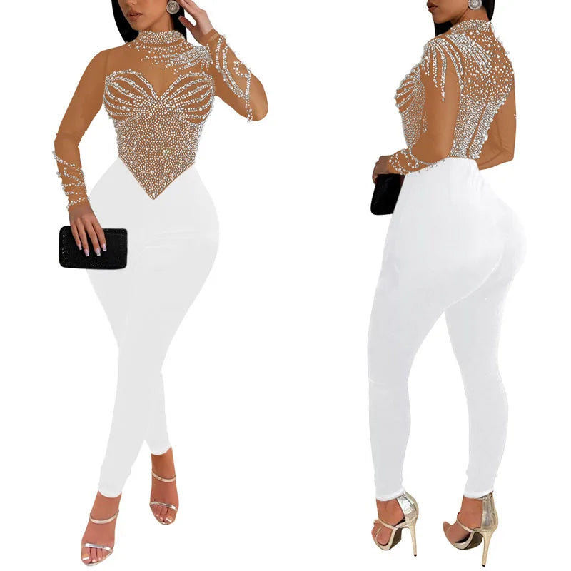 Colivia Long Sleeve Sheer Beads Rhinestone Skinny Jumpsuits