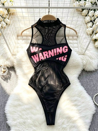 New Sexy Letter Print Club Party Mesh Bodysuit Top Slim Fit Y2K Hot Girl