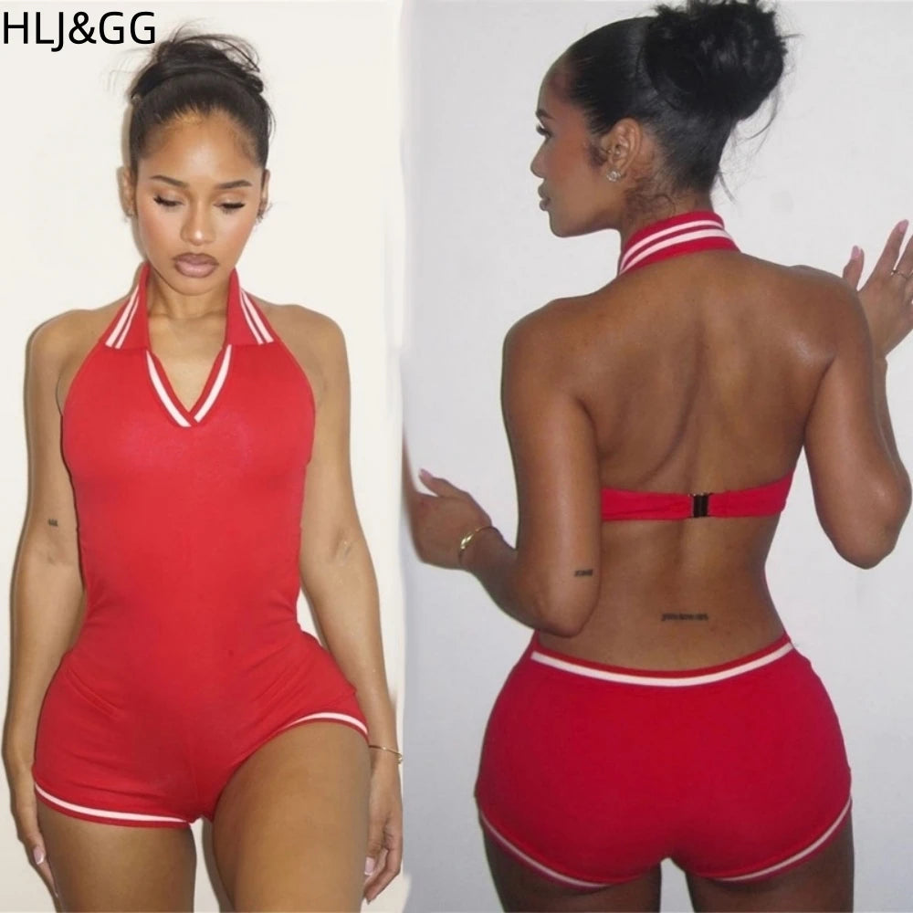 Stripe Halter Lapel Sleeveless Backless Bodycon Jumpsuits