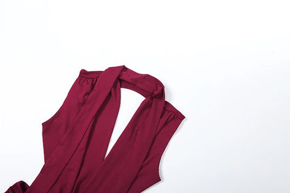 Deep V-Neck Metal Buckle Ruched Cross Bandage Jumpsuits