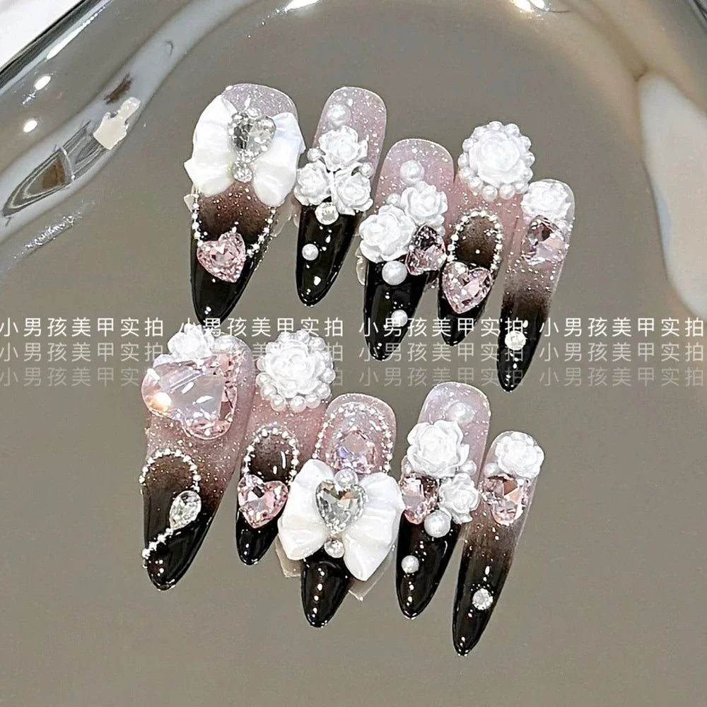 10Pcs Luxury Court Handmade Long Stiletto Full Cover Nails 3D Spice Girl Sparkling Diamond Bow Pearl Flowers Wearable Fake Nails
