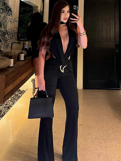Deep V-Neck Metal Buckle Ruched Cross Bandage Jumpsuits