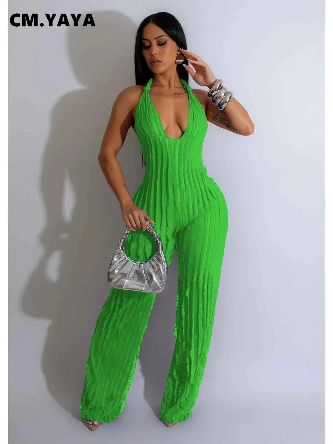 Ruffles Deep V-neck Halter Backless Wide Leg Jumpsuits