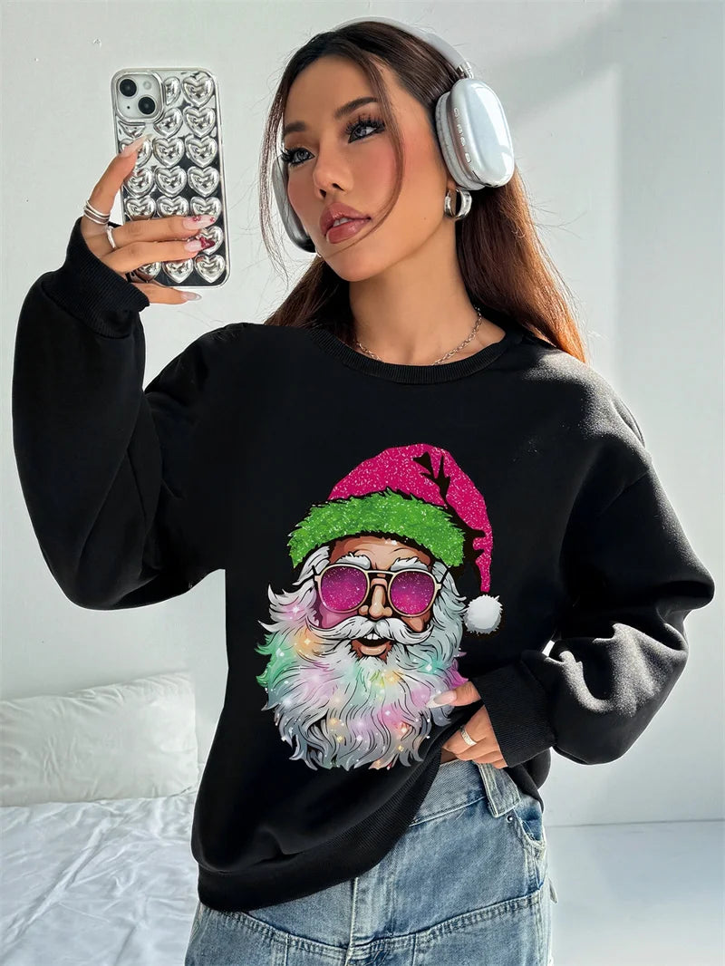 Christmas Tops Women Casual Snowflake Santa Claus T-shirt Tee Long Sleeve Basic Xmas Hoodie Pullover Oversize Women's Sweatshirt