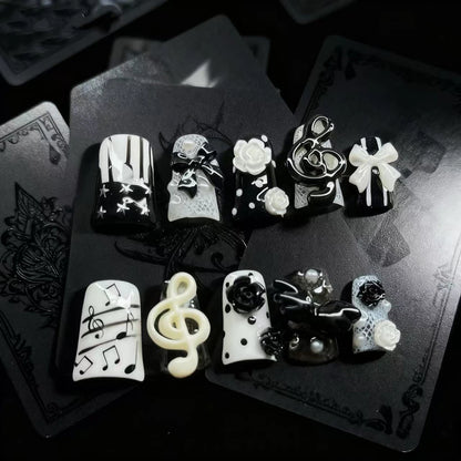 3D Handmade Long Coffin Stiletto Fake Nail Flowers Cat's Heart Diamond Metal Bow