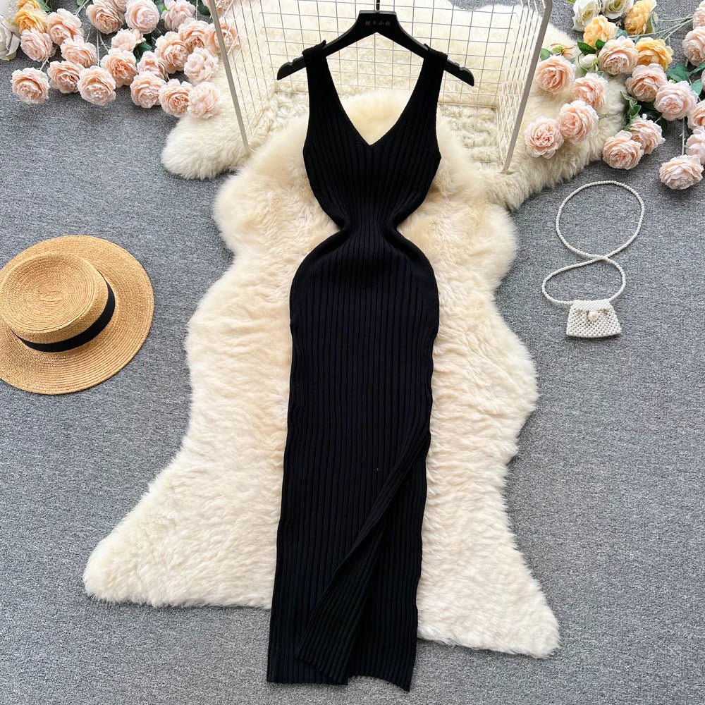 Chic Fashion Sexy Wrap Hips Split Knitted Slim Elastic Bodycon Maxi Dresses