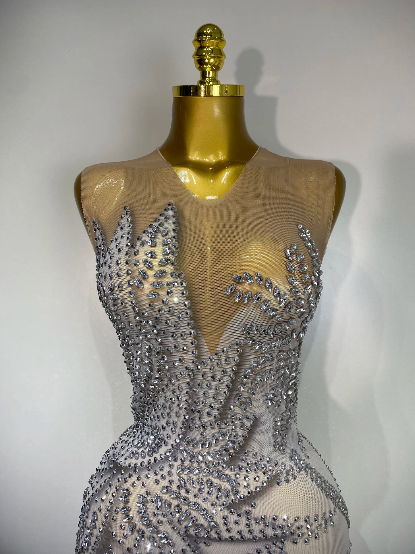 Luxury Rhinestone Sleeveless Silver Maxi Dresses (See Through)