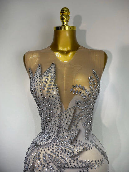 Luxury Rhinestone Sleeveless Silver Maxi Dresses (See Through)