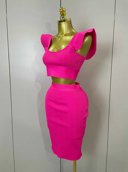 Celebrity Ruffles Red Bandage Skirt Sets