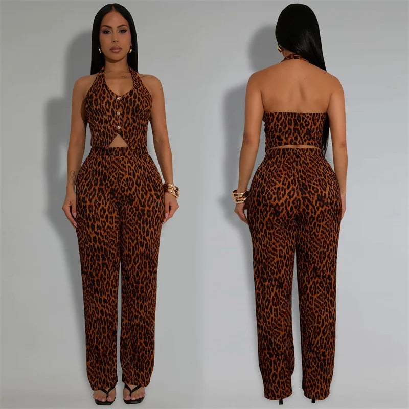 Leopard Backless Button Crop Top and Pants Matching Sets