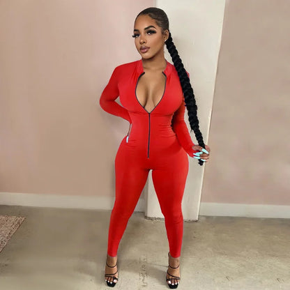 Deep V Bodycon Rompers Womens Jumpsuit Sport Suit Fashion Zip Up Long Pants Overalls Fitness Set