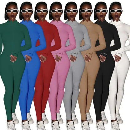 Zipper Jumpsuit Women Embroidery Letter Print Workout Sportswear Female Outfit Skinny Solid Turtleneck Streetwear