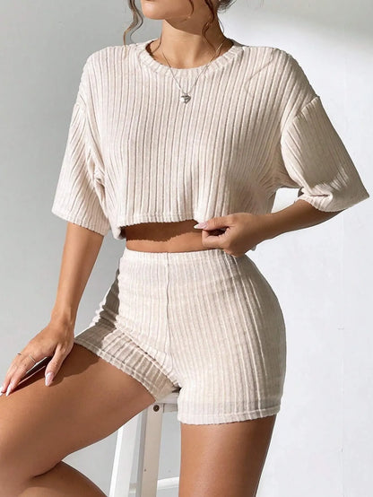Stretchy Solid Cropped Crew Neck T-Shirt Top + Short Sets